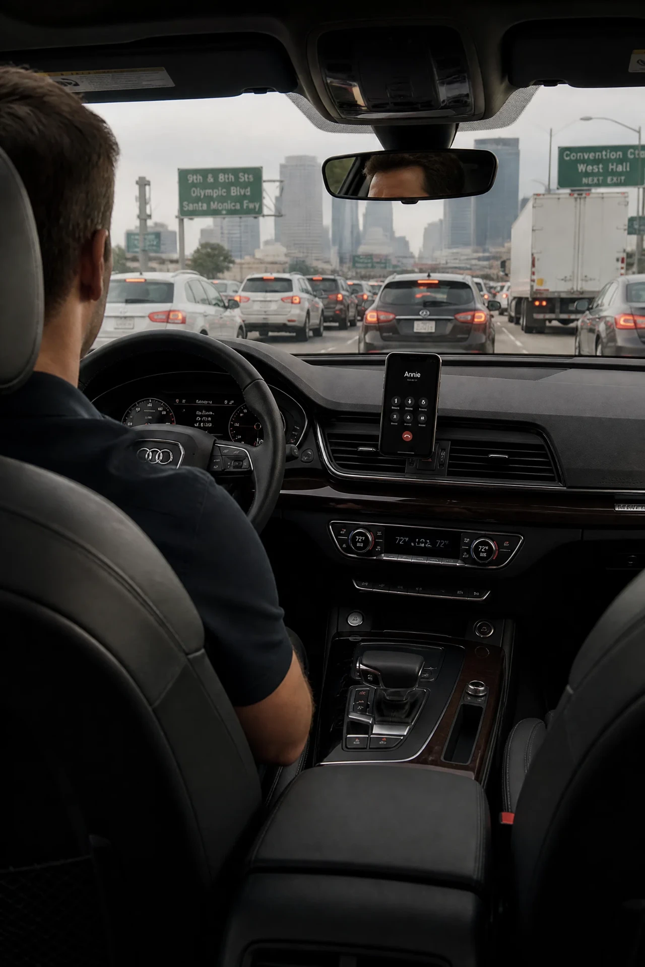 Executive on a call with Annie from the car during a commute