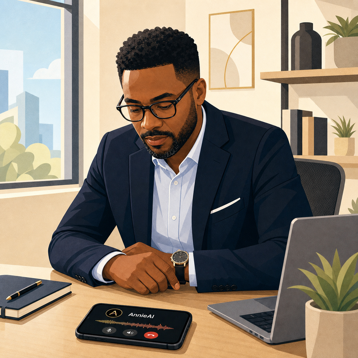 Executive at his desk on a conference call with Annie and a teammate