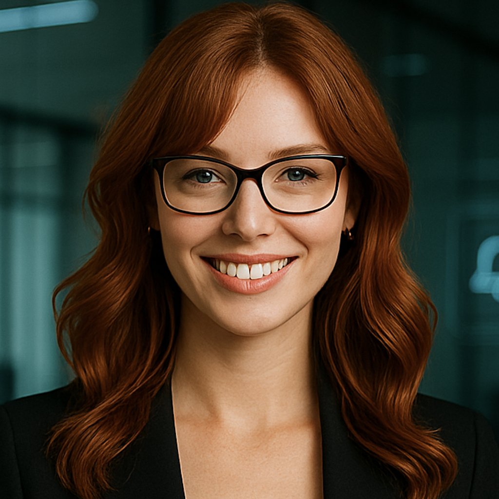 Annie, the AI assistant, smiling in a dark blazer